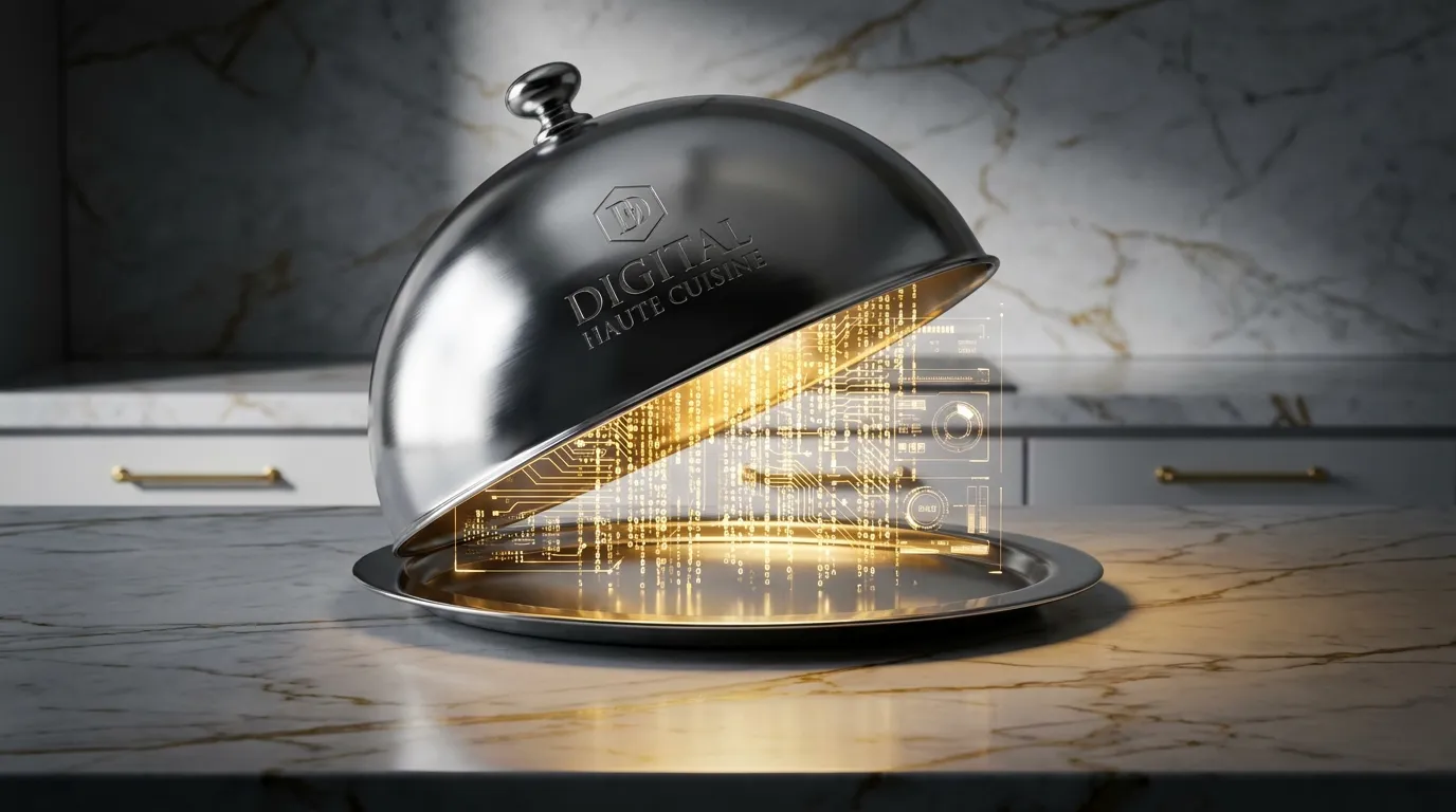 Campana de plata digital revelando alta cocina de software